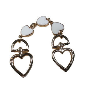 Double Heart Keychain Gold Tone White Heart Enamel